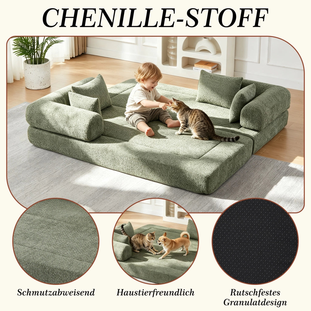 Divano modulare 4 in 1 con schienale regolabile, funzione letto e 4 cuscini, antiscivolo in ciniglia verde