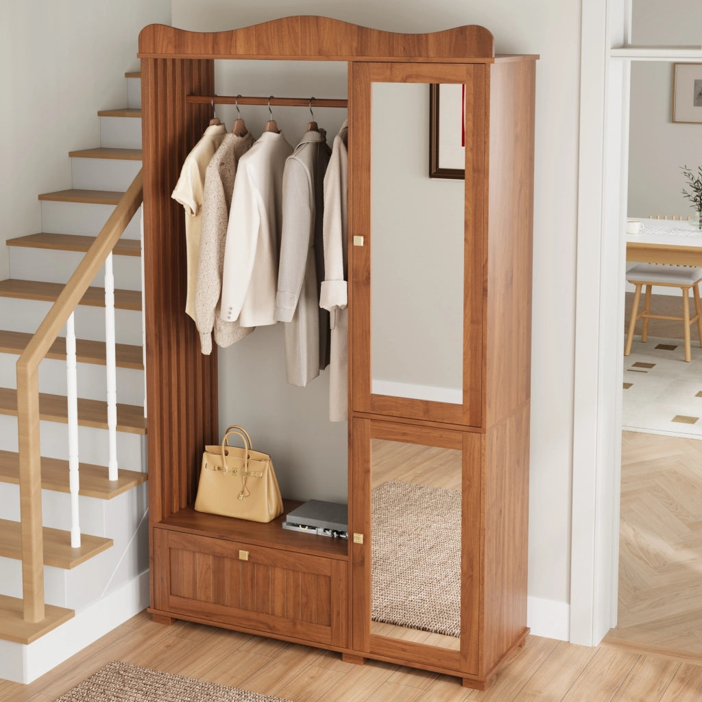 Set mobili da ingresso con cassetti, specchio, appendiabiti in MDF noce