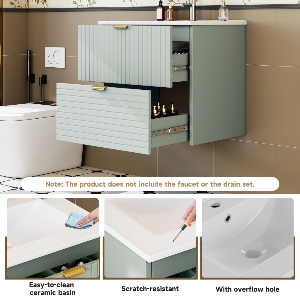 Lavabo sospeso 61x46x57 cm in MDF laccato verde menta, con lavabo integrato e 2 cassetti silenziosi a struttura orizzontale e verticale