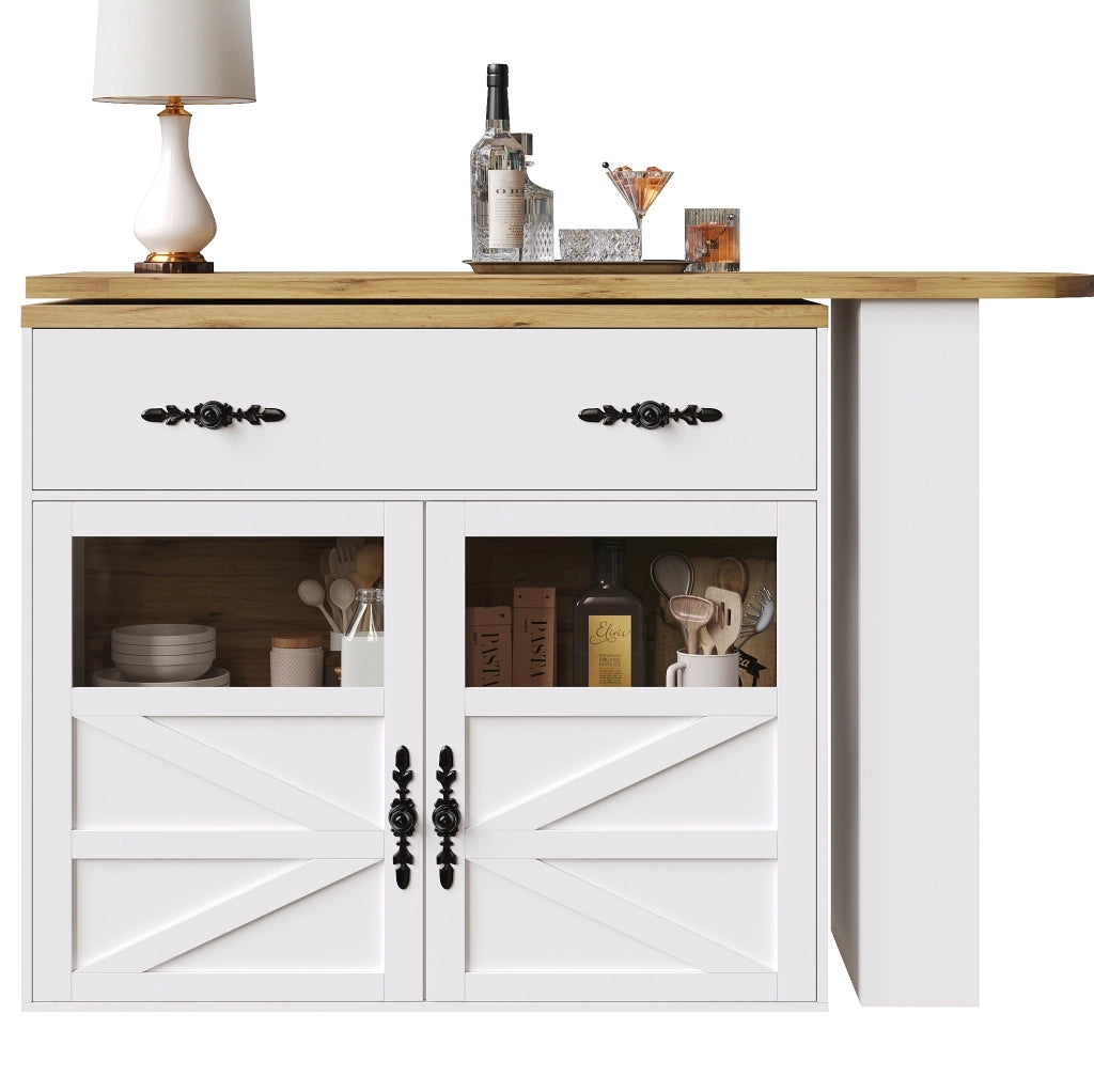 Tavolo Bar Estensibile con Ruota a 360°, MDF Bianco, 138-204×39×104 cm, Mobile Sideboard con Scaffali