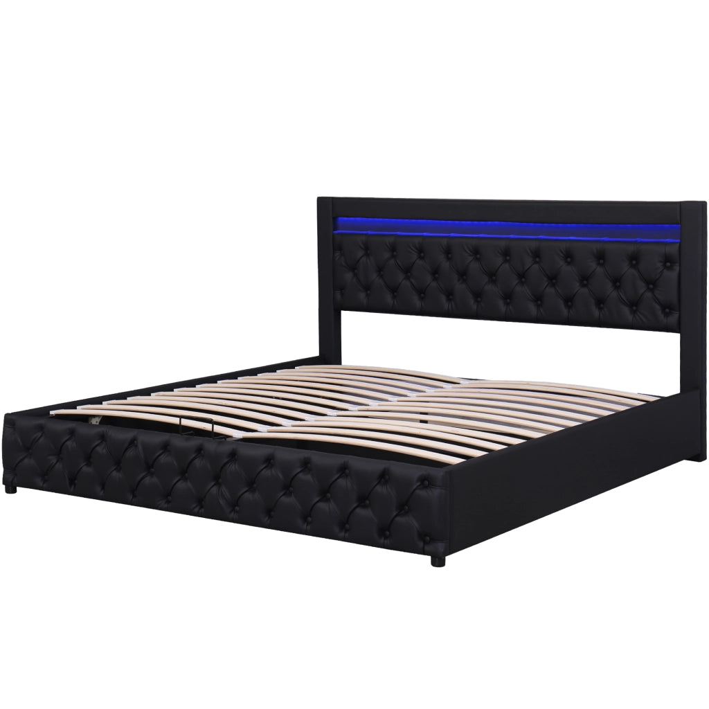 Letto imbottito 140x200 cm con contenitore e LED; in PU nero