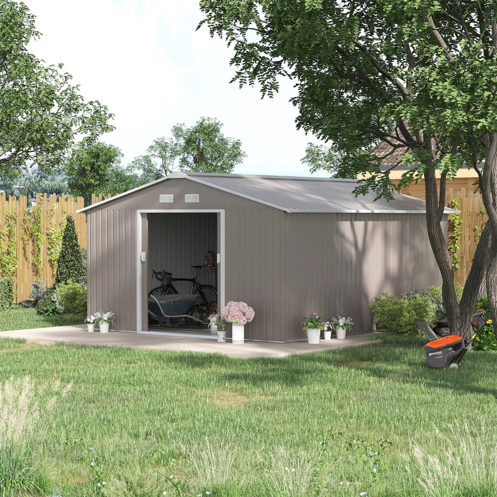 EasyComfort Casetta da Giardino con Porte Scorrevoli e Tetto Inclinato, in Acciaio, 340x386x200 cm, Grigio