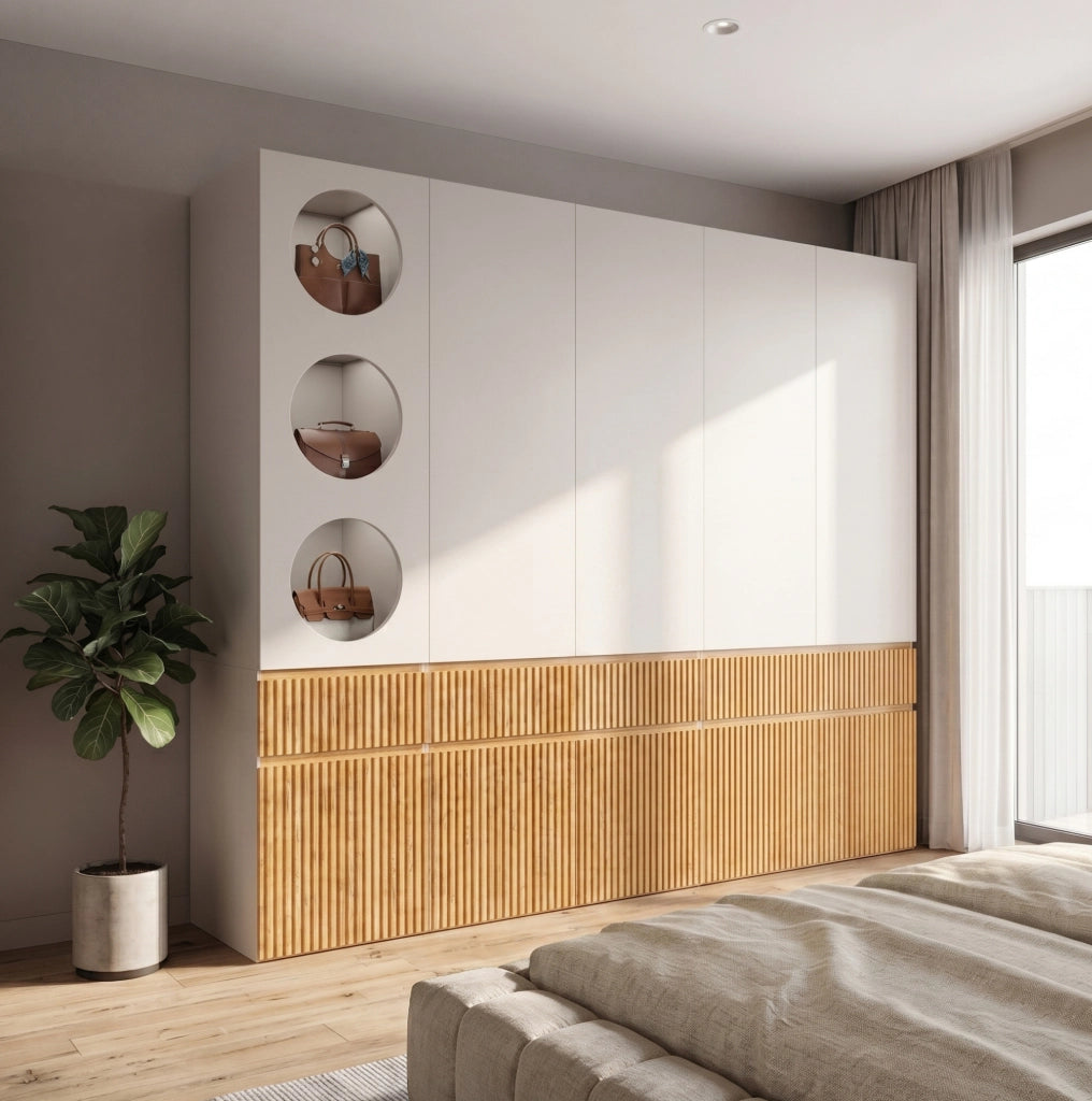 Armadio a 10 ante con 3 cassetti e 2 appendiabiti; 225 x 50 x 200 cm; MDF e truciolare