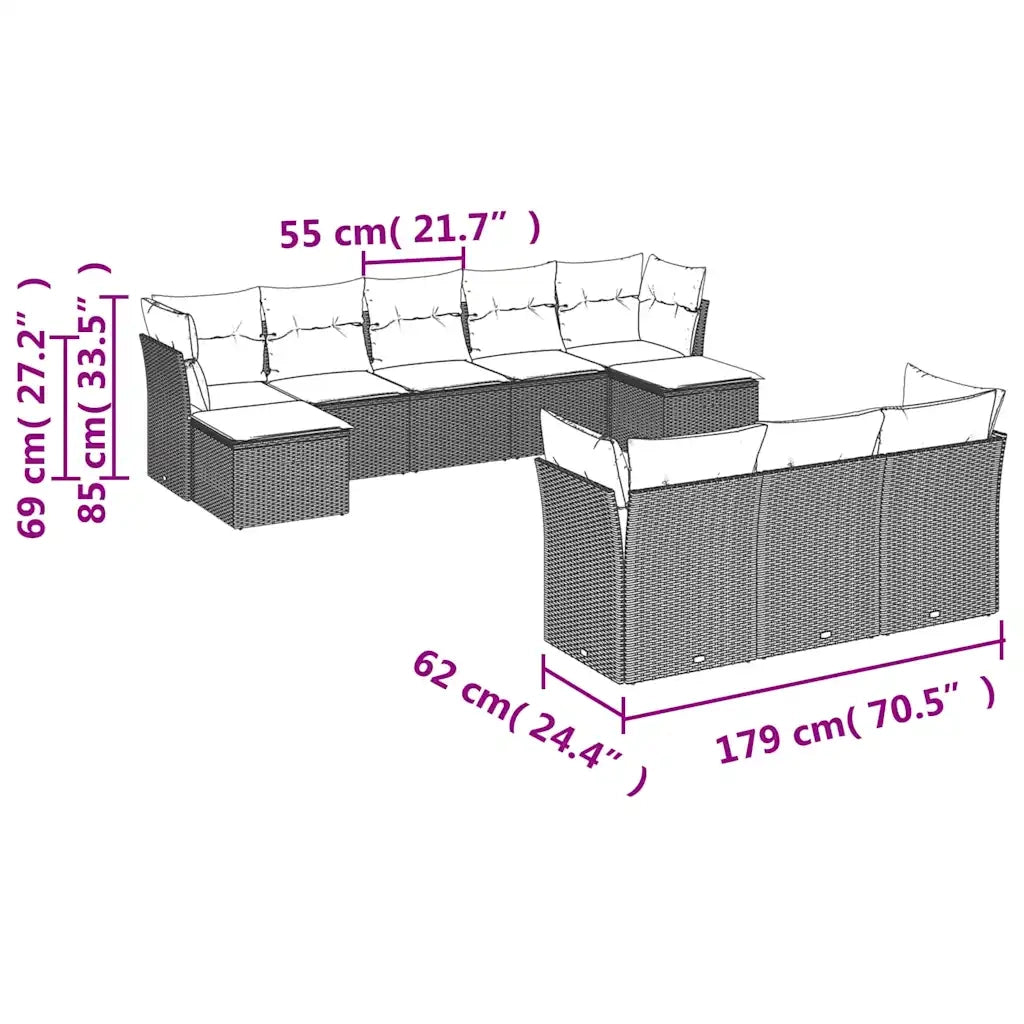Set Divani da Giardino 10pz con Cuscini in Polyrattan Marrone