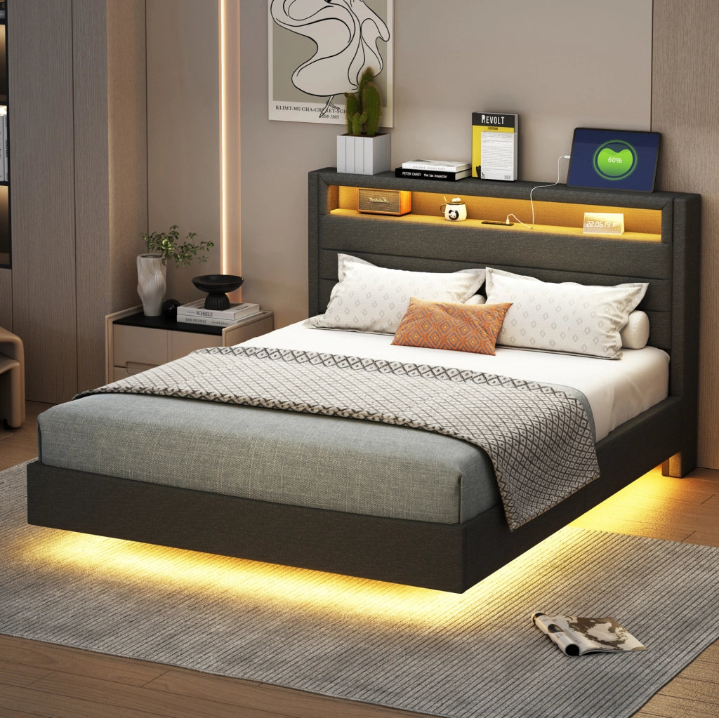 Letto imbottito 140x200 cm con LED, USB e testiera contenitore