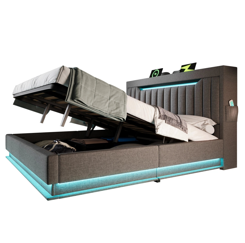 Letto contenitore 160x200 cm in lino grigio con USB e LED, senza materasso