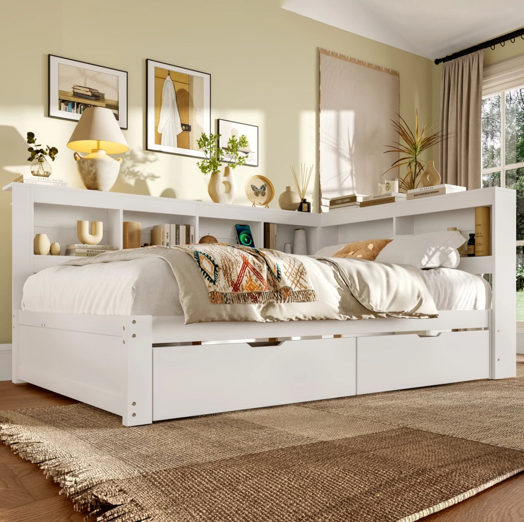 LETTO Sofà letto 140x200 cm Bianco con 2 cassetti, prese e 2 porte USB