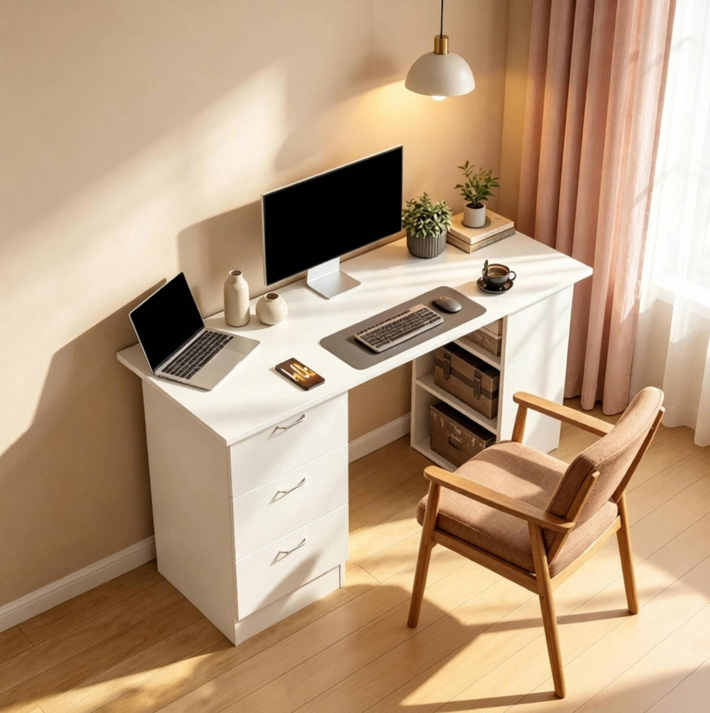 Scrivania per computer in MDF bianca con 3 cassetti e 3 ripiani
