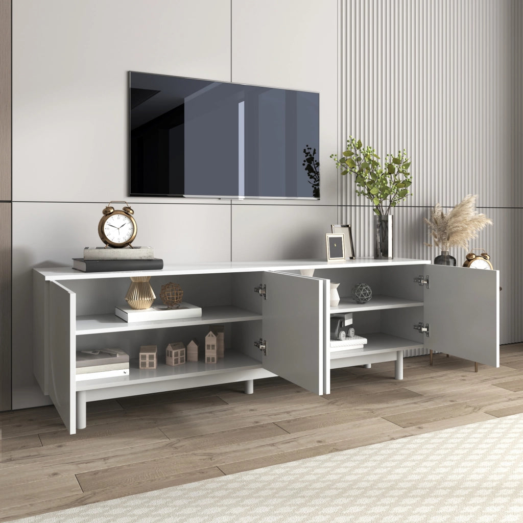 Mobile TV 175 cm bianco con 4 ante push-to-open e ripiani regolabili