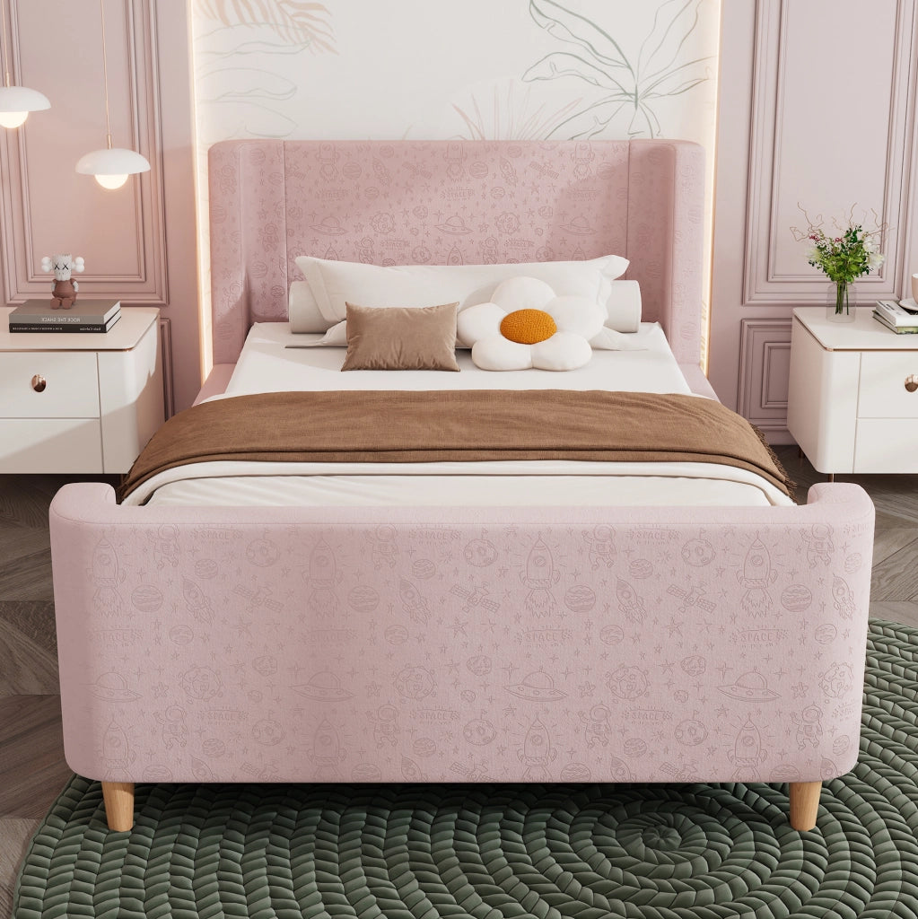 Letto Singolo per Bambini 90x200 cm in Velluto Rosa con Struttura a Slitta e Motivo Cosmico