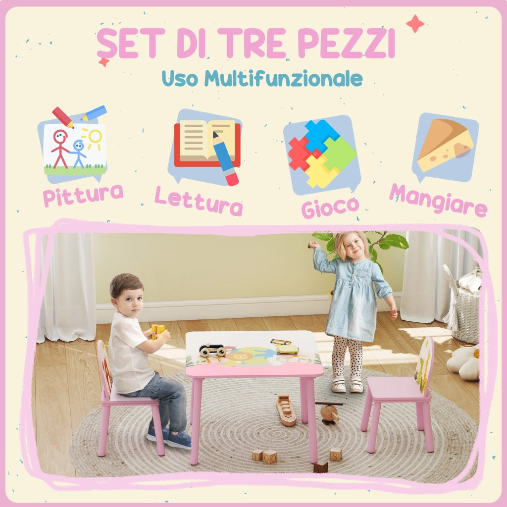 Set 3 Pezzi Tavolo e Sedie per Bambini 3-8 Anni in MDF e Legno di Pino Rosa con Motivi Animali Bordi Arrotondati Robusto Facile da Montare