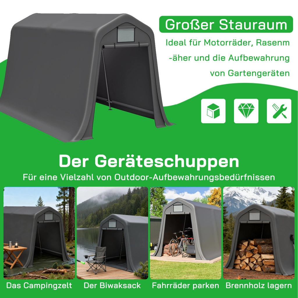 Ricovero da giardino con porta avvolgibile struttura in acciaio zincato telo PE grigio scuro 213 × 366 × 225 cm