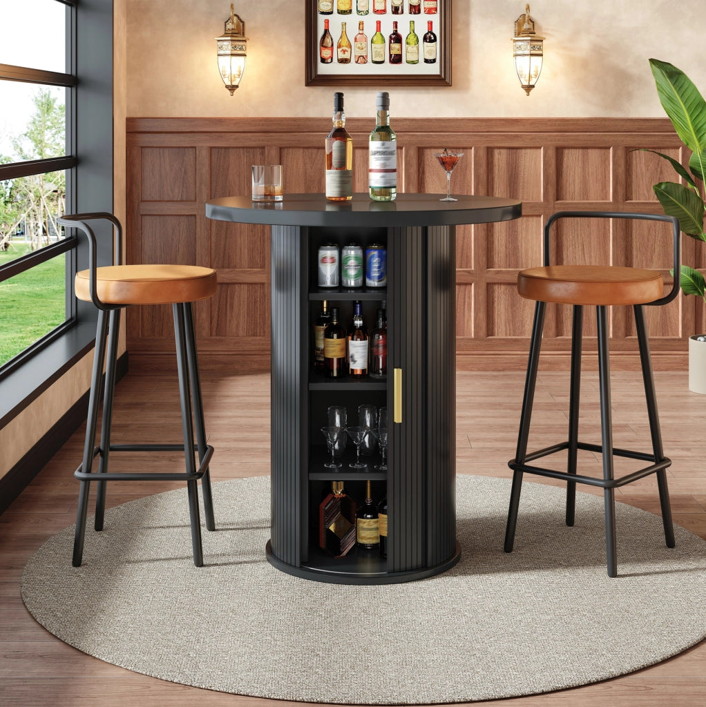 Tavolo da bar rotondo 60x60x91;6 cm con mobile a 4 ripiani in MDF e metallo; nero