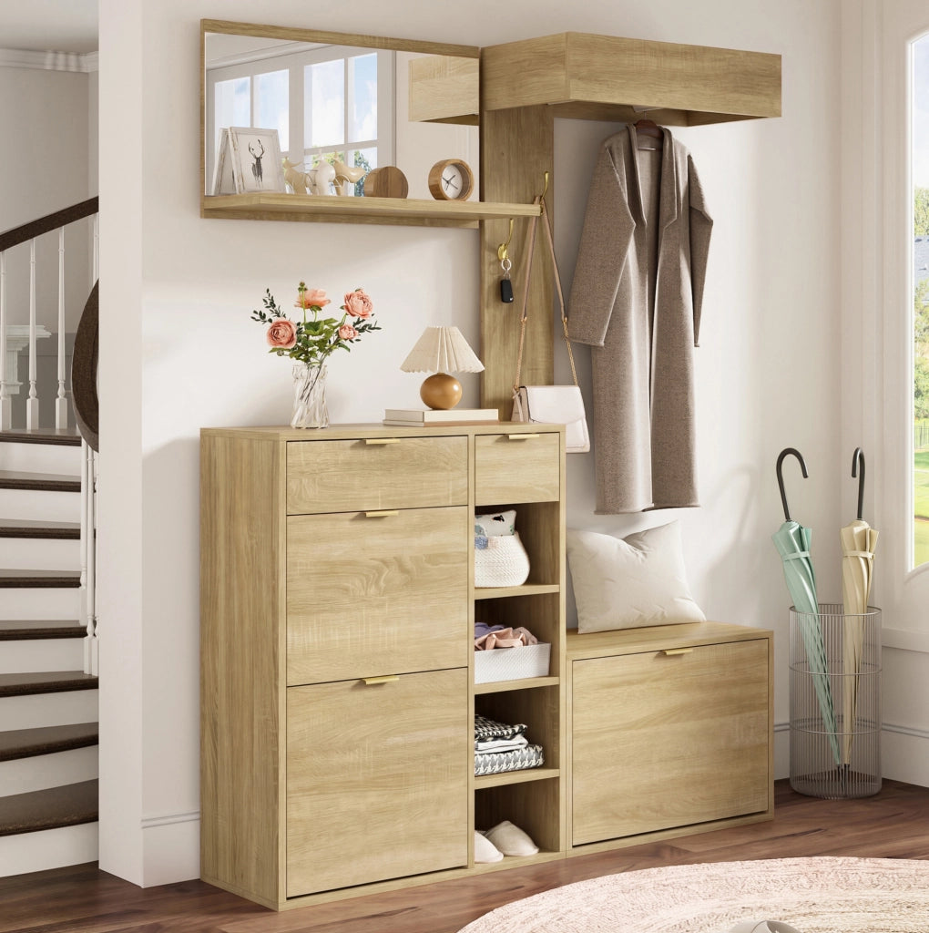 Set guardaroba 4 pezzi con scarpiera, panca, specchio e appendiabiti 130x30x174 cm, mobili per ingresso in truciolato naturale