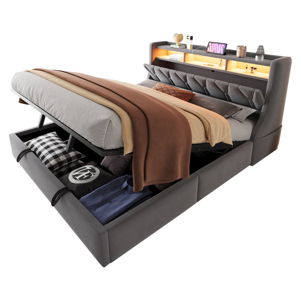 Letto contenitore 180 × 200 cm matrimoniale con prese; USB; Type-C; LED e mensole; senza materasso; velluto grigio