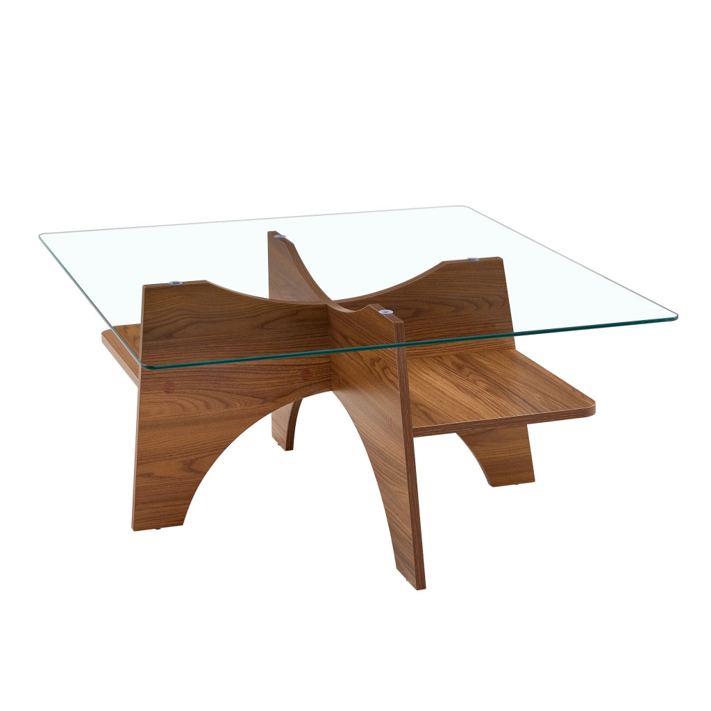 Tavolino da salotto quadrato 80x80 cm in vetro e MDF effetto noce HOMVRA