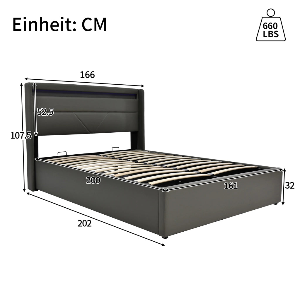 Letto contenitore matrimoniale 160x200 cm in PU con LED e telecomando; grigio