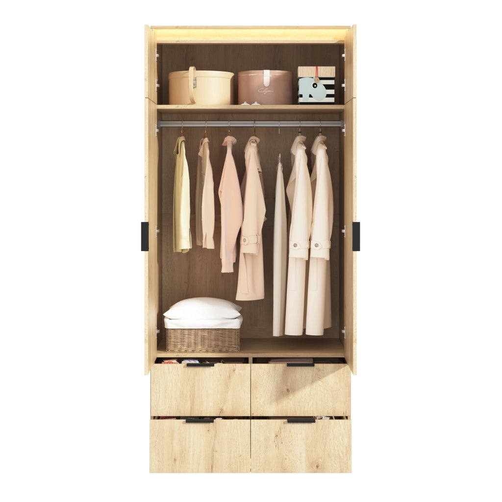 Armadio moderno con specchio e LED, 2 ante, 4 cassetti e asta appendiabiti, per camera da letto, in MDF rovere, 90 × 47 × 200 cm