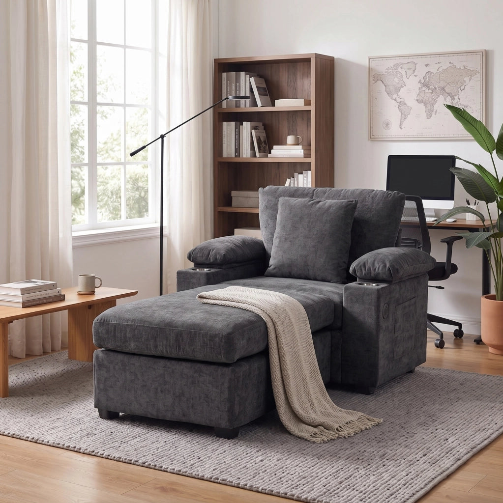 Chaise longue trasformabile ULEVR con pouf, USB, vani nei braccioli e portabevande, ciniglia grigio scuro