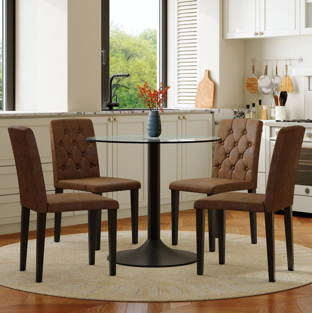 Set da pranzo moderno con tavolo rotondo in vetro Ø 85 cm e 4 sedie in similpelle marrone retrò