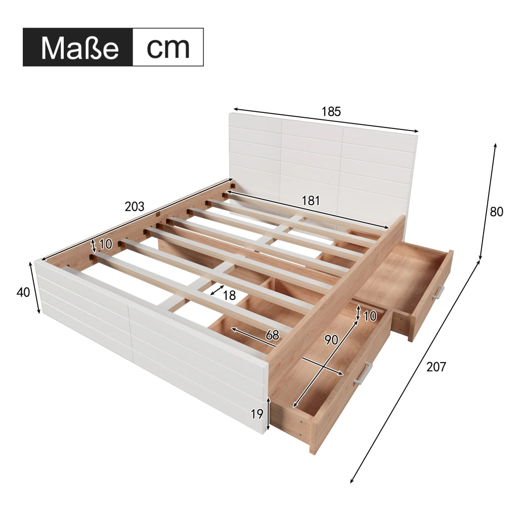 Letto con cassetti 180 × 200 cm con rete a doghe in legno e MDF bianco e rovere chiaro senza materasso