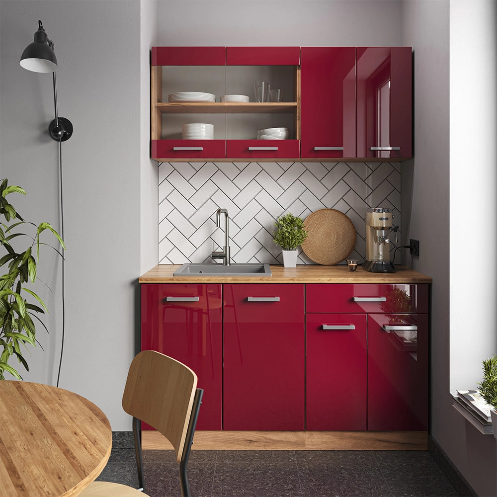 Vicco Cucina monoblocco Rosso lucido/rovere dorato 140 cm , PL Antracite