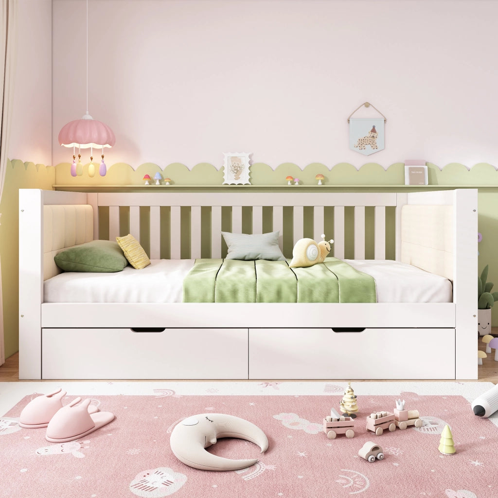 Daybed Singolo 90x190 cm in Legno con 2 Cassetti; Braccioli Arrotondati e Schienale; Bianco