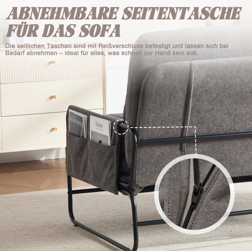 Divano letto 2 posti in chenille grigio con struttura in metallo, salvaspazio con tasche laterali, adatto per soggiorno e ufficio casa