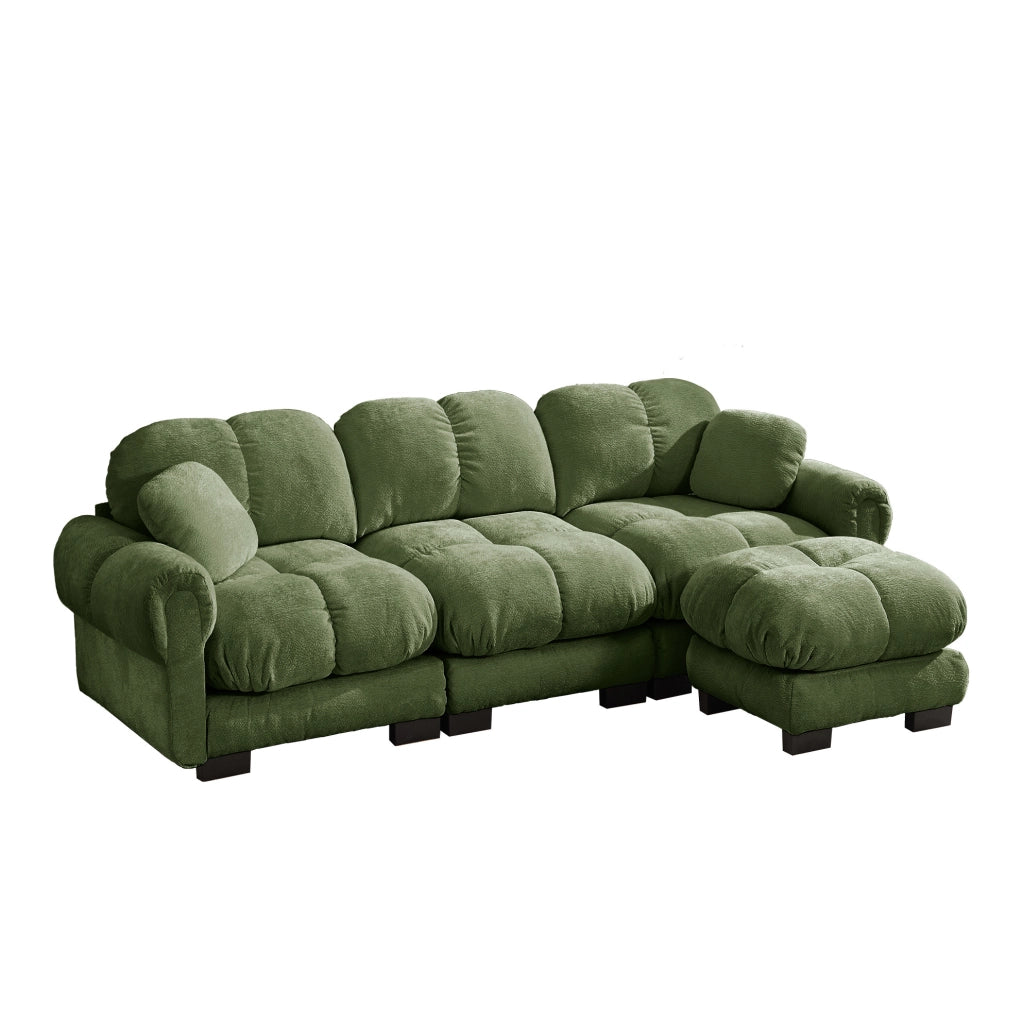 Divano angolare a 3 posti in chenille verde con ottomana mobile e cuscini decorativi