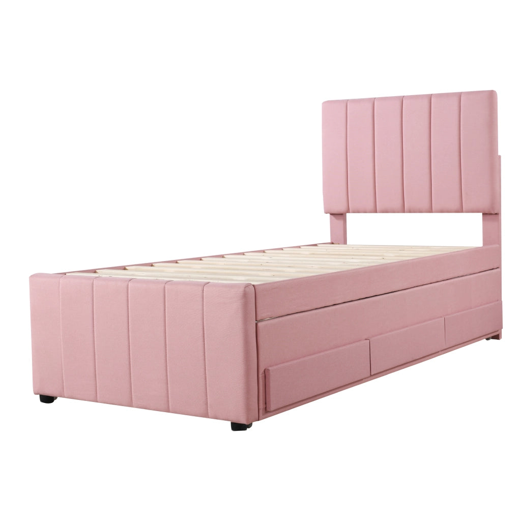 Letto imbottito 90x200 cm con letto estraibile e 3 cassetti in cotone e lino rosa