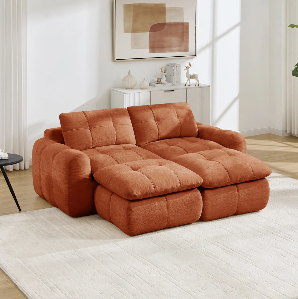 Divano modulare senza telaio 2 posti in chenille arancione con cuciture a quadri e 2 pouf, comodo e flessibile per soggiorno e appartamenti