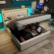 Letto matrimoniale 140x200 cm con contenitore; LED; USB e USB-C in cotone beige