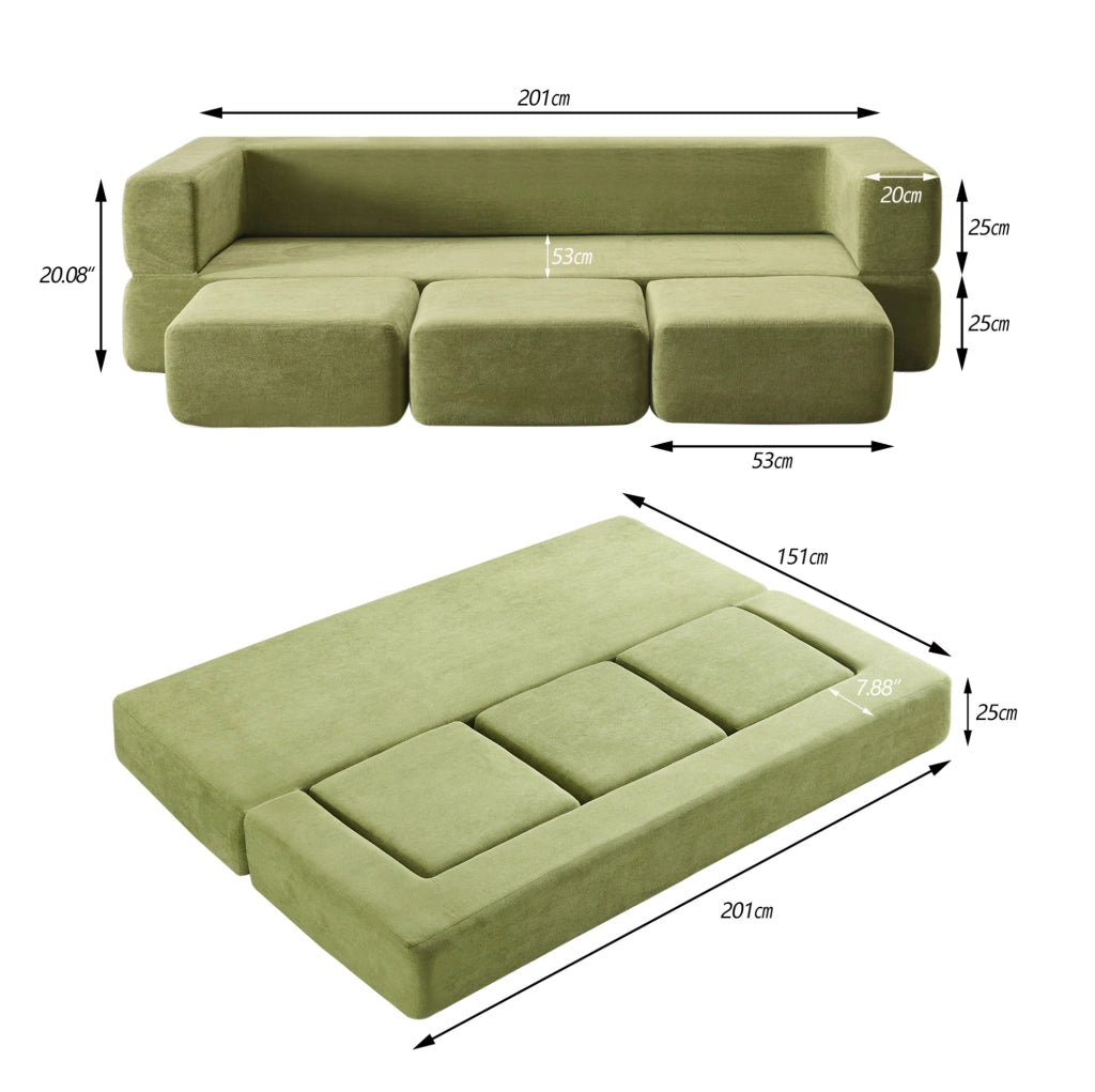 Divano letto da pavimento modulare in chenille verde