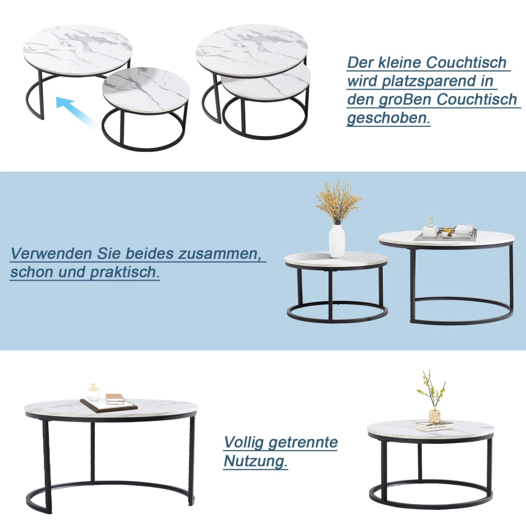 Set di 2 tavolini da caffè impilabili in MDF effetto marmo e ferro; bianco e nero