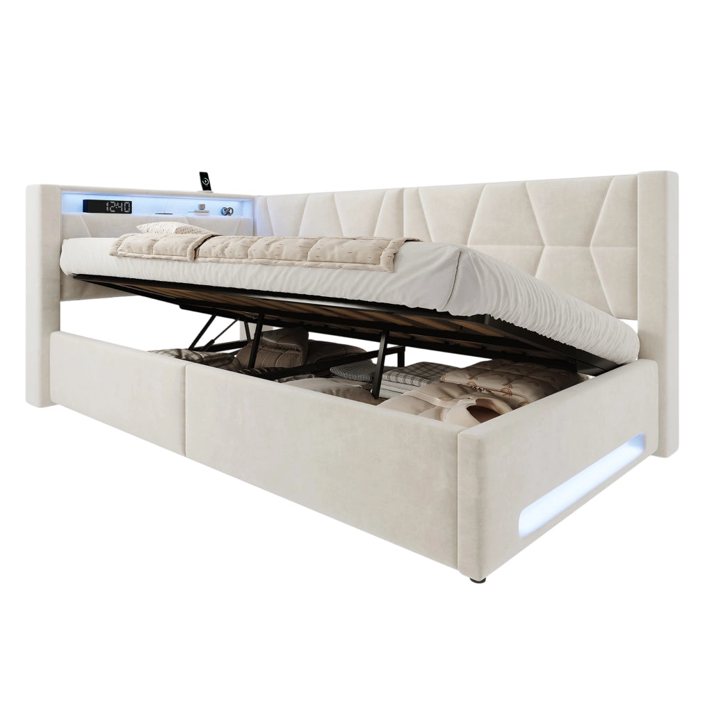 Letto singolo imbottito 90x200 cm con contenitore; LED; USB e Type-C beige