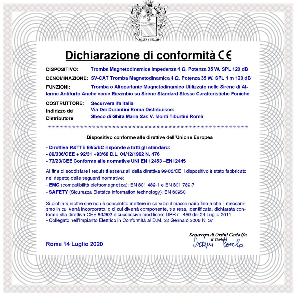 Cono Tromba Magnetodinamica Altoparlante Esponenziale Impedenza 4 Ohm Potenza 40 W 107 dB Frequenza da 750 ± 5,1 KH Ricambio Sirena Allarme Tutte Marche Magnete Ø 91 Per H13 mm Misure H106XL106XP72 mm