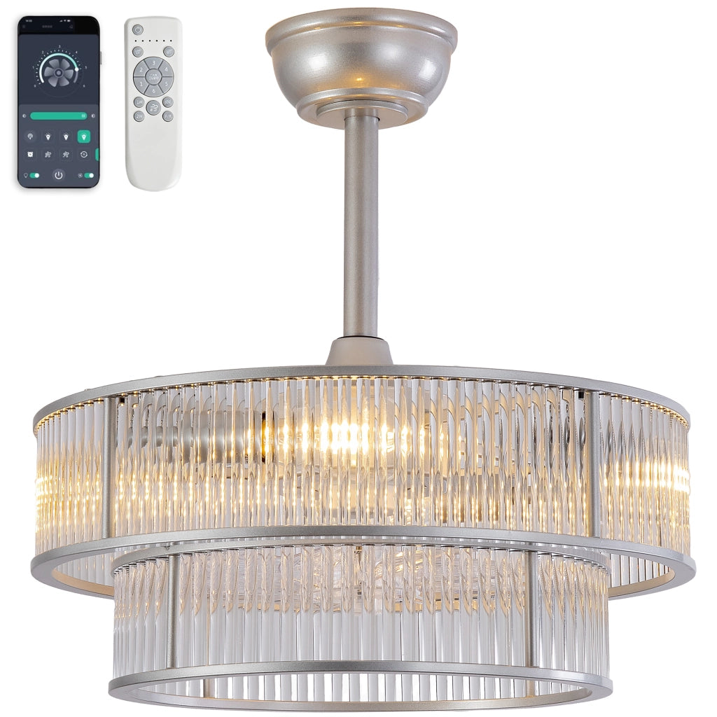 Ventilatore da soffitto con lampada, cristalli e 4 attacchi E26, argento, 53 × 53 × 30 cm, app e telecomando