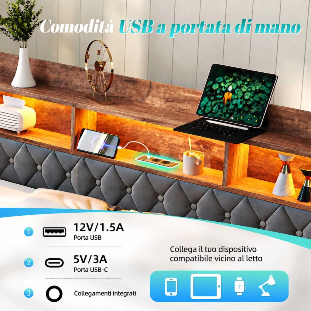 Letto divano 90x190 cm in velluto grigio scuro con letto estraibile; testiera con vani; LED; USB e USB-C