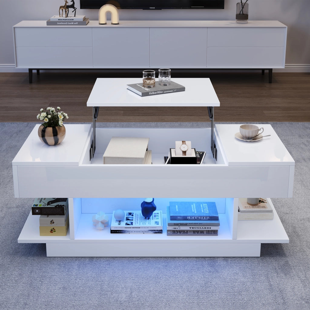 Tavolino basso alzabile con LED e vani chiusi e aperti in truciolare bianco 98 × 45 × 40 cm