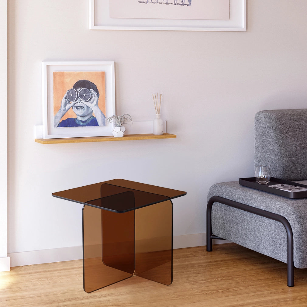 Tavolino laterale curvato in vetro temperato marrone per divano e esterni impermeabile 45 × 45 × 51 cm
