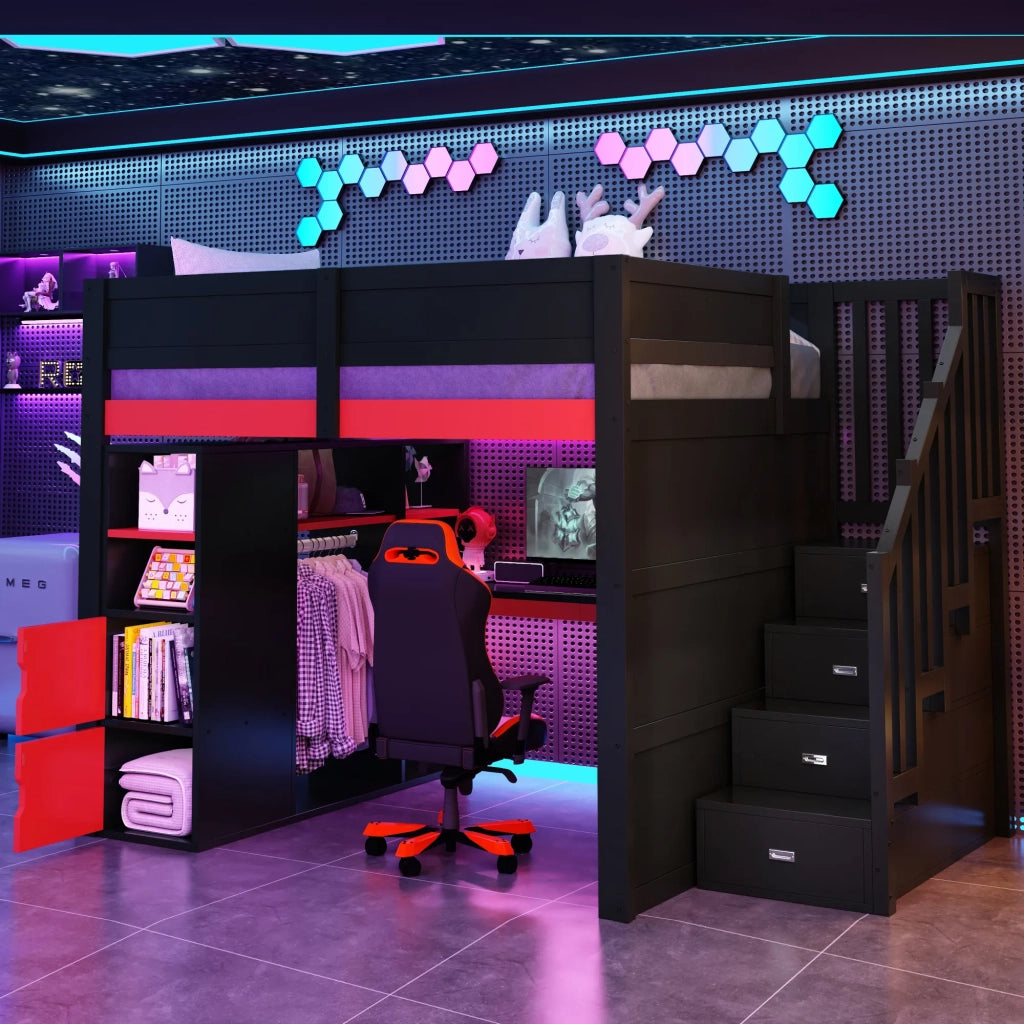 Letto a soppalco gaming in legno 140x200 cm con scrivania, ampio spazio contenitore, illuminazione LED, porta USB e scala nera con contenitore, nero + rosso