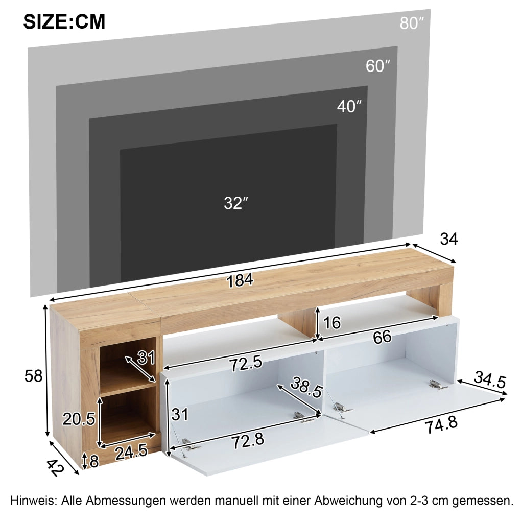 Mobile TV moderno 184x42x58 cm con LED; finitura bianco e legno; in truciolare