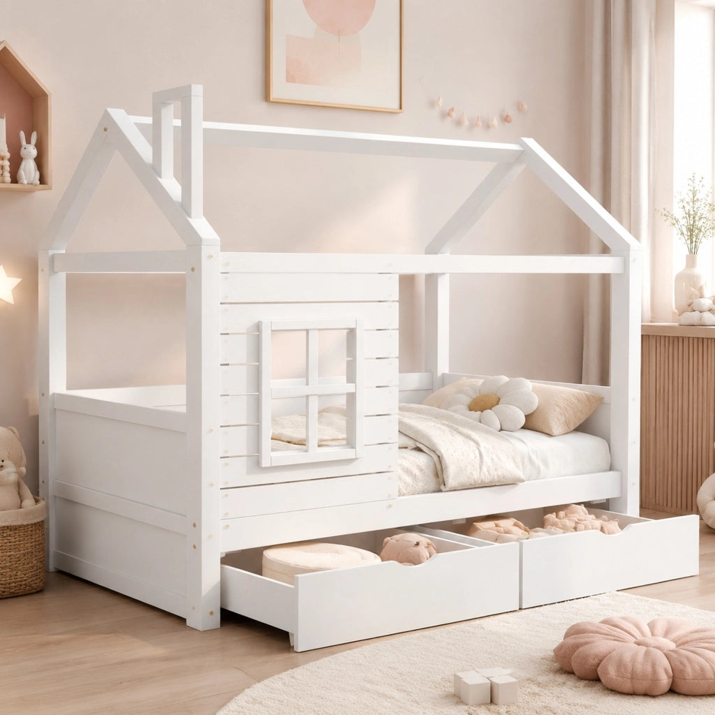 LETTO A CASETTA 90x200 cm Legno massello di pino Bianco con 2 cassetti