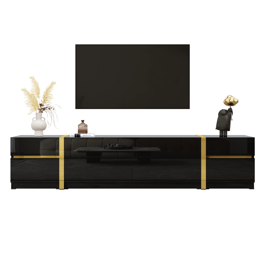 Mobile TV nero con finitura lucida; 4 cassetti e 2 ante; 180 x 40 x 38 cm; MDF e truciolare
