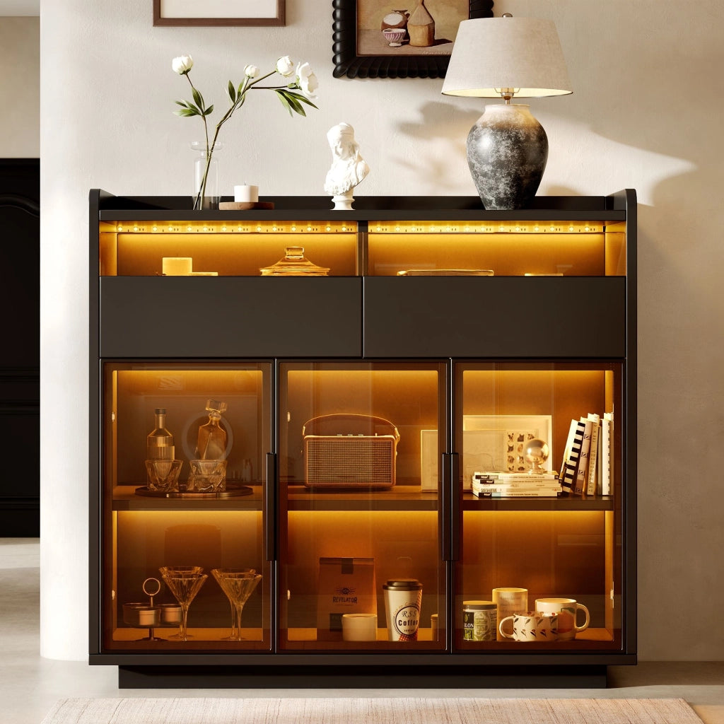 Vetrina - Credenza - Cantinetta - Ante in vetro - Illuminazione a LED - 2 cassetti - Nero