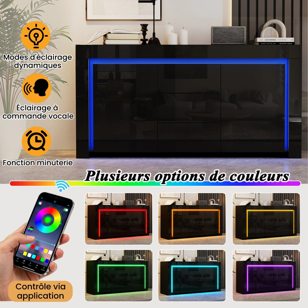 Madia con 2 ante; 3 cassetti; ripiani regolabili e LED via app in MDF nero lucido 140 × 40 × 65 cm