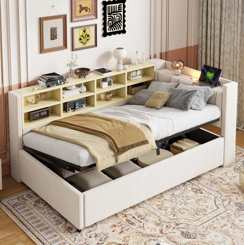 LETTO Contenitore 90x200 cm in Velluto Beige con testiera multifunzione