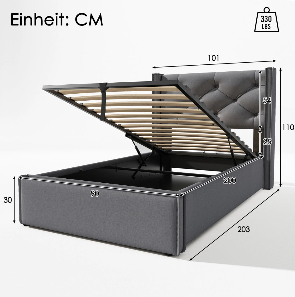 Letto 90x200 cm con contenitore e sollevamento idraulico in cotone grigio