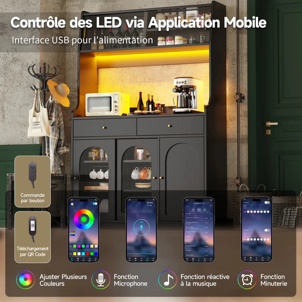 Credenza alta da cucina e sala da pranzo nera con ante a vetrina, 2 cassetti, ripiani regolabili e illuminazione LED a colori variabili