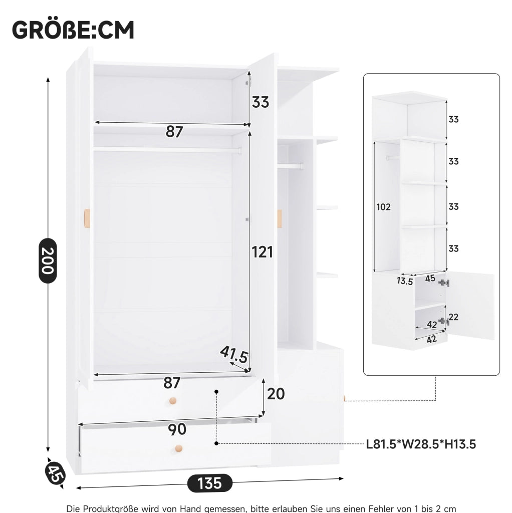 ARMADIO multifunzione 135x45x200 cm Bianco con 2 aste appendiabiti e 2 cassetti